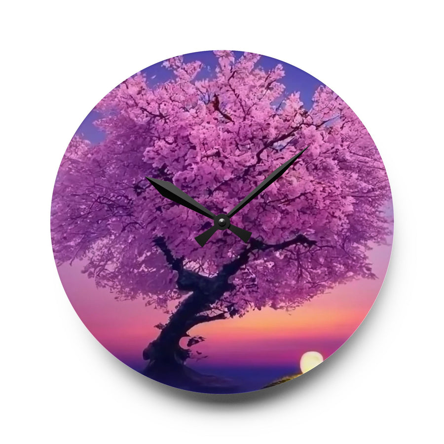 Acrylic Wall Clock-Cherry Blossom Tree on Sunset