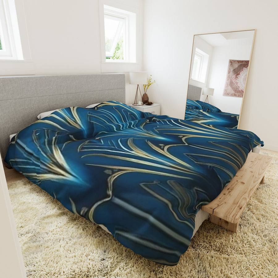 Duvet Cover-Blue & Gold Abstract Flower