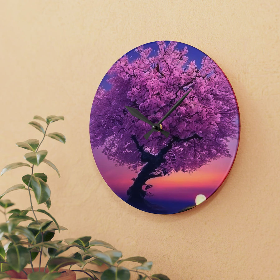Acrylic Wall Clock-Cherry Blossom Tree on Sunset