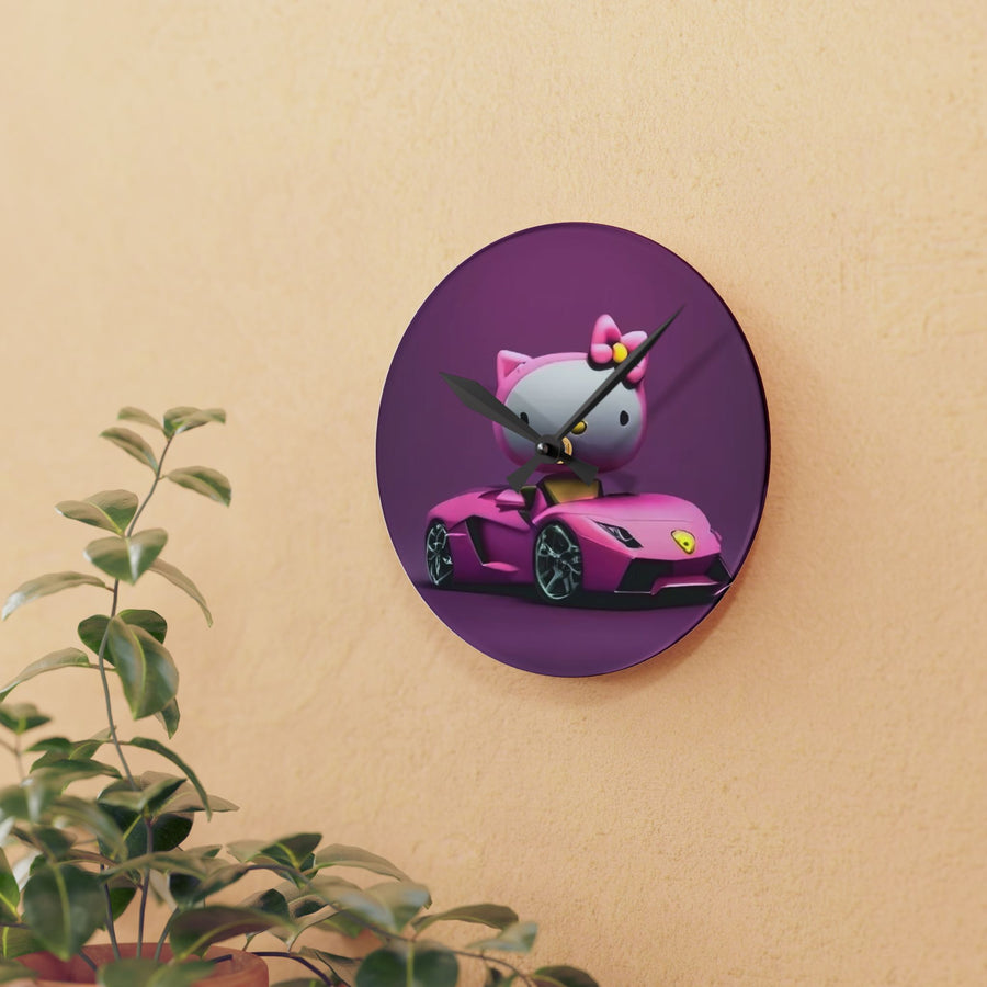 Acrylic Wall Clock-Hello Kitty Pink/Purple w/ Car