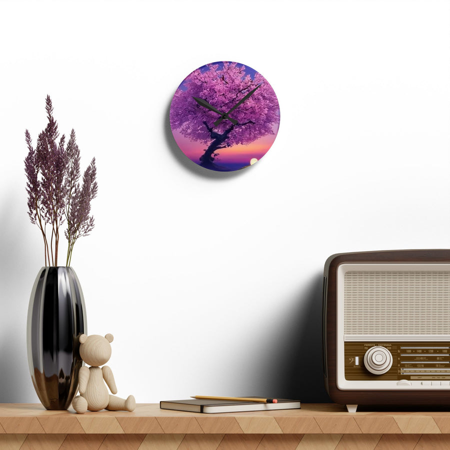 Acrylic Wall Clock-Cherry Blossom Tree on Sunset