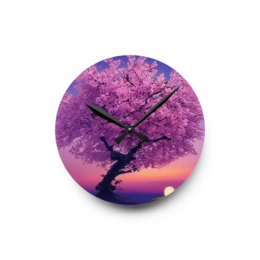 Acrylic Wall Clock-Cherry Blossom Tree on Sunset