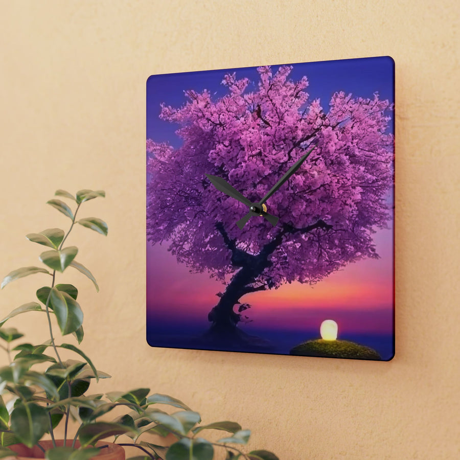 Acrylic Wall Clock-Cherry Blossom Tree on Sunset