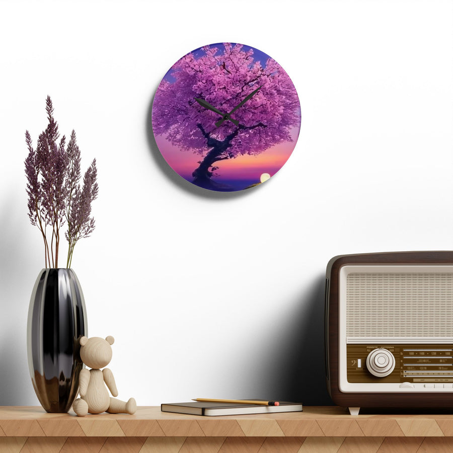 Acrylic Wall Clock-Cherry Blossom Tree on Sunset