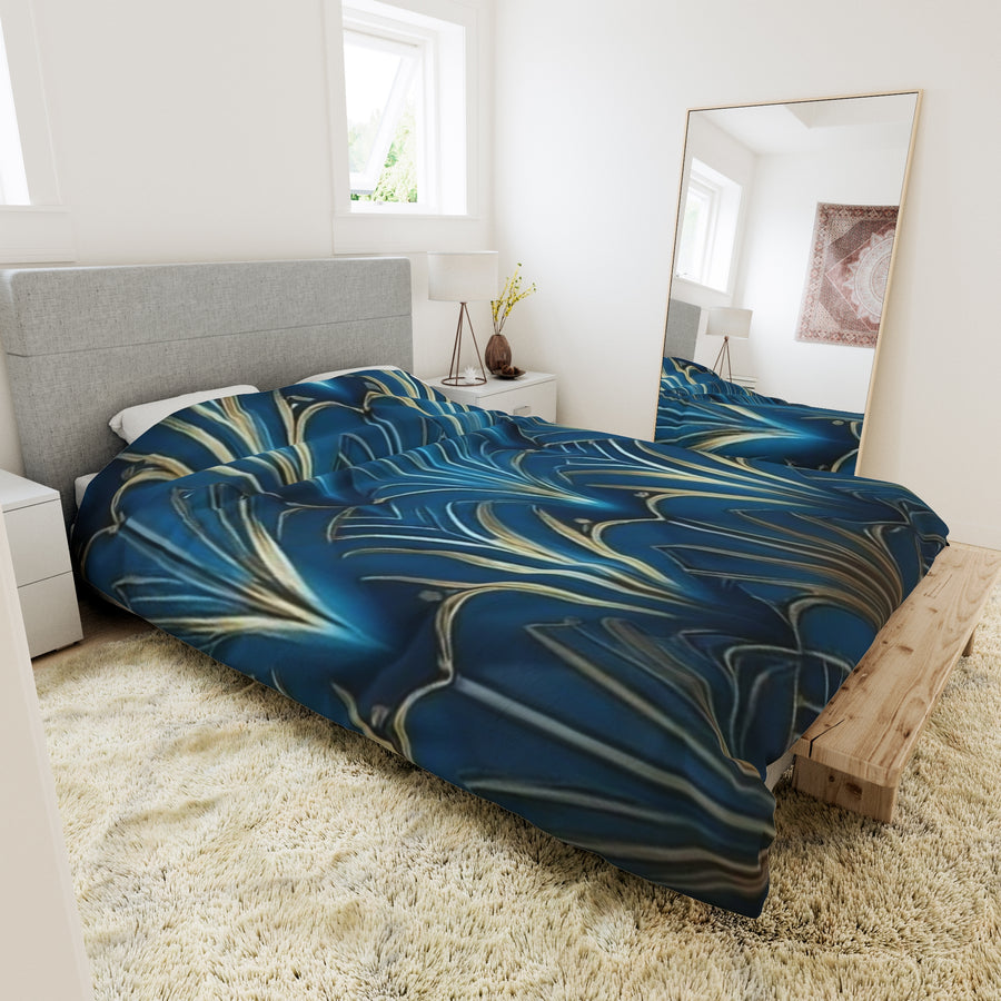 Duvet Cover-Blue & Gold Abstract Flower