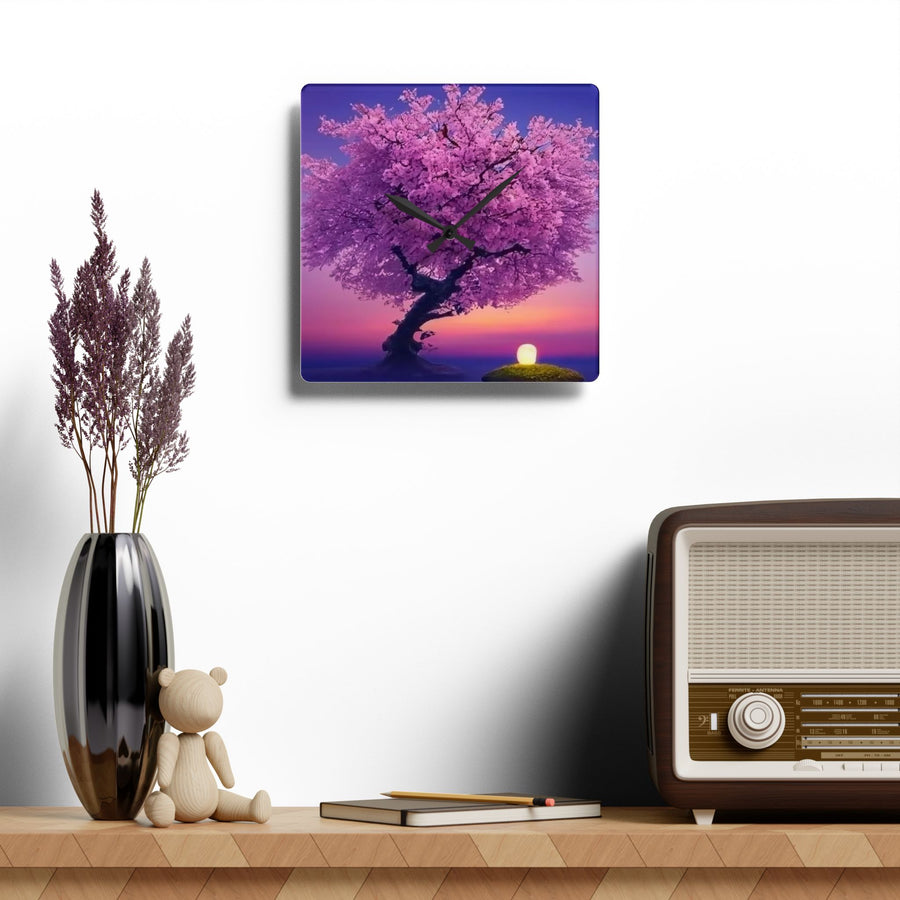Acrylic Wall Clock-Cherry Blossom Tree on Sunset