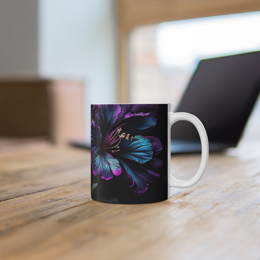 Mug 11oz&#39;Purple & Blue Flowers on Black&#39; mug