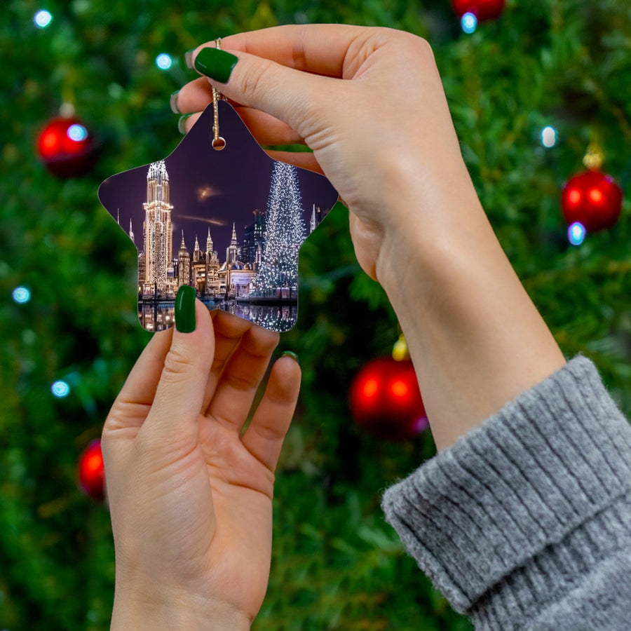 Ceramic Ornament, 4 Shapes-Futuristic City at Christmas