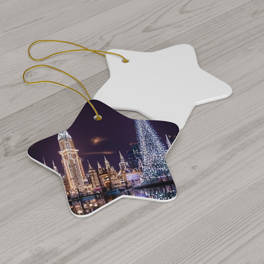 Ceramic Ornament, 4 Shapes-Futuristic City at Christmas