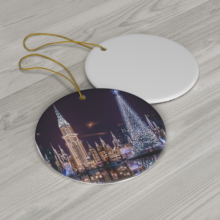 Ceramic Ornament, 4 Shapes-Futuristic City at Christmas