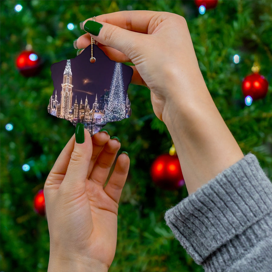 Ceramic Ornament, 4 Shapes-Futuristic City at Christmas