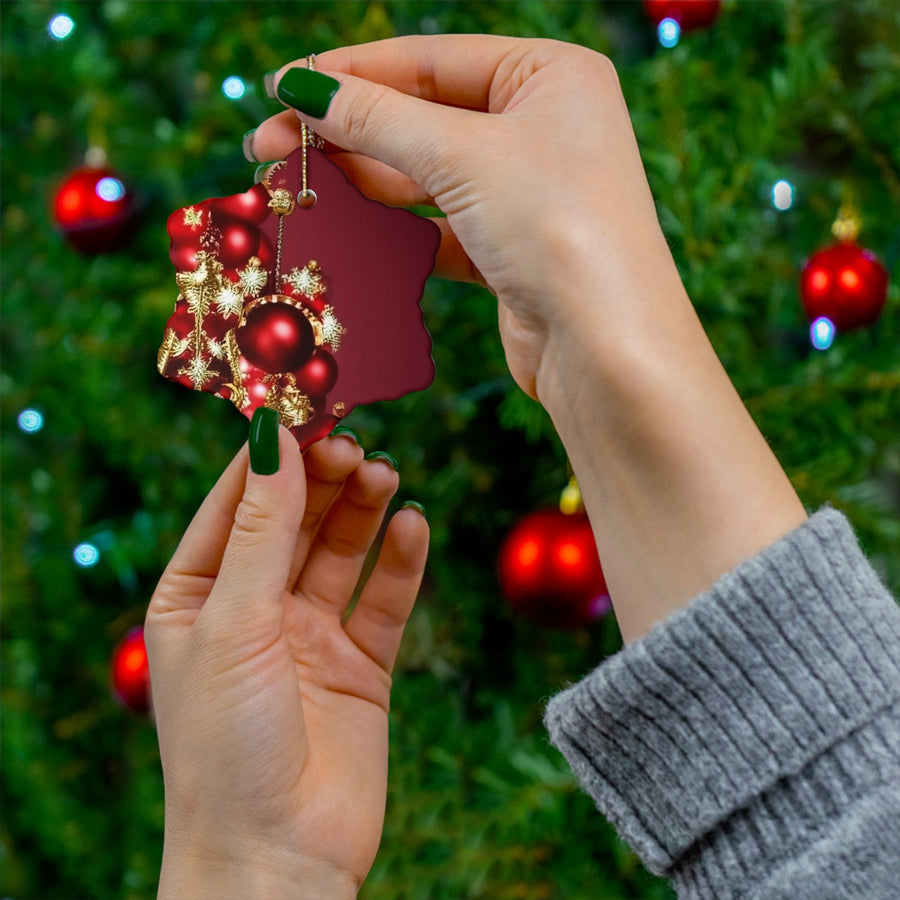 Ceramic Ornament, 4 Shapes-Red and Gold Christmas