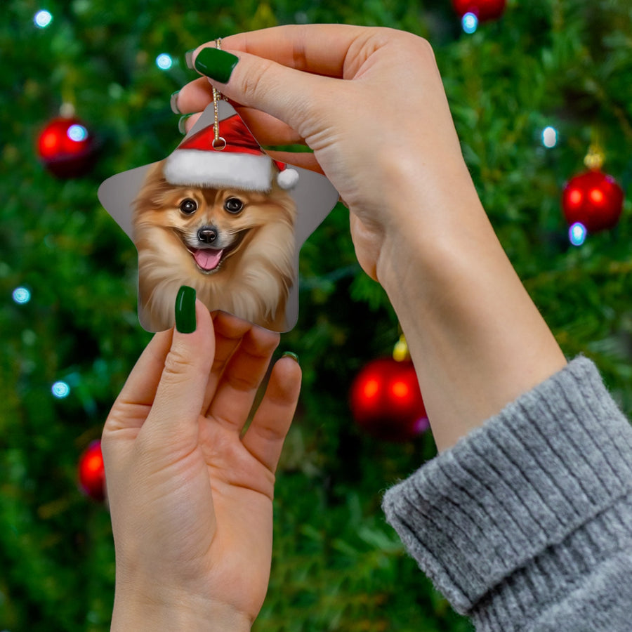 Ceramic Ornament, 4 Shapes-Pomeranian Puppy in Santa Hat Ornaments!