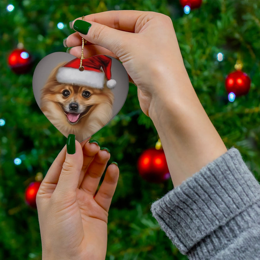 Ceramic Ornament, 4 Shapes-Pomeranian Puppy in Santa Hat Ornaments!