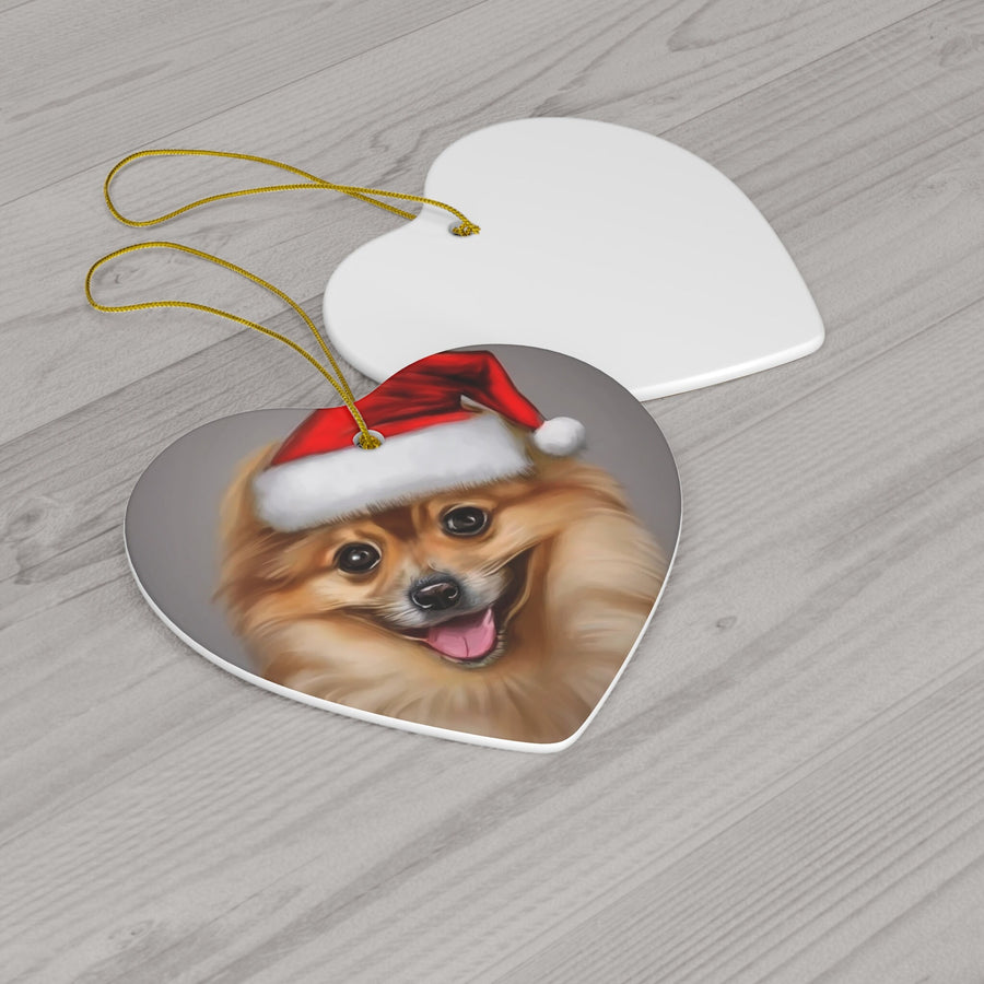 Ceramic Ornament, 4 Shapes-Pomeranian Puppy in Santa Hat Ornaments!