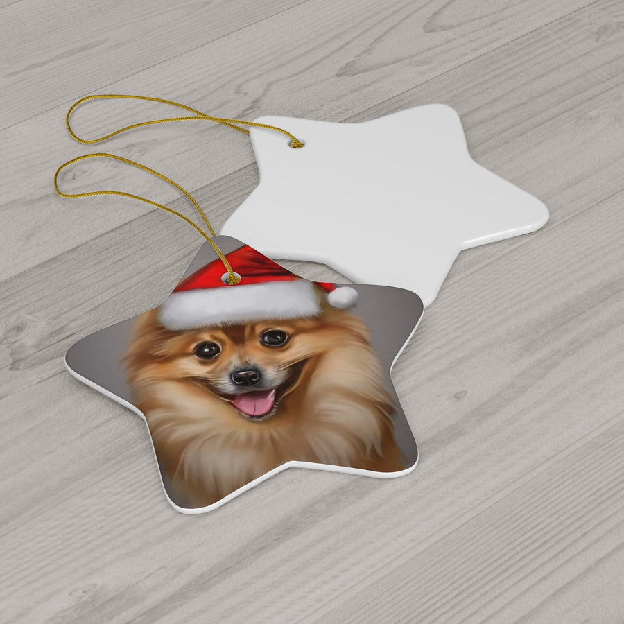 Ceramic Ornament, 4 Shapes-Pomeranian Puppy in Santa Hat Ornaments!