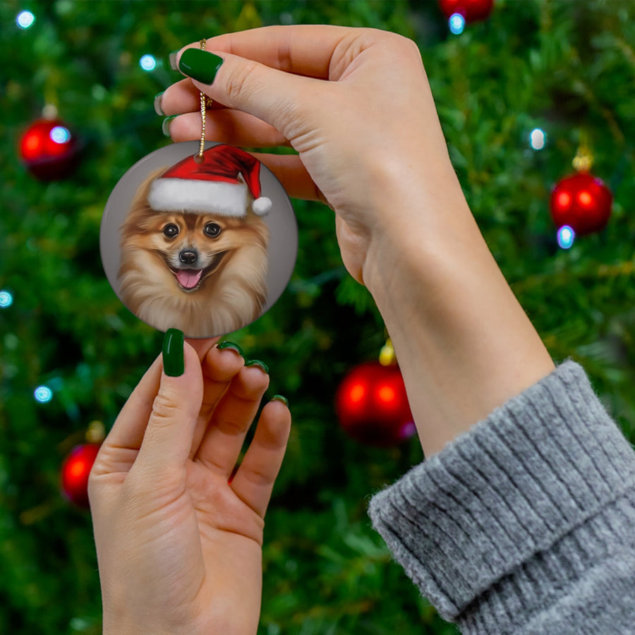 Ceramic Ornament, 4 Shapes-Pomeranian Puppy in Santa Hat Ornaments!