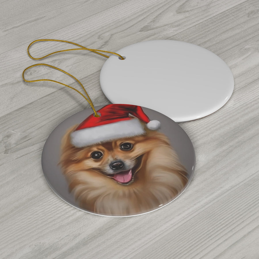 Ceramic Ornament, 4 Shapes-Pomeranian Puppy in Santa Hat Ornaments!