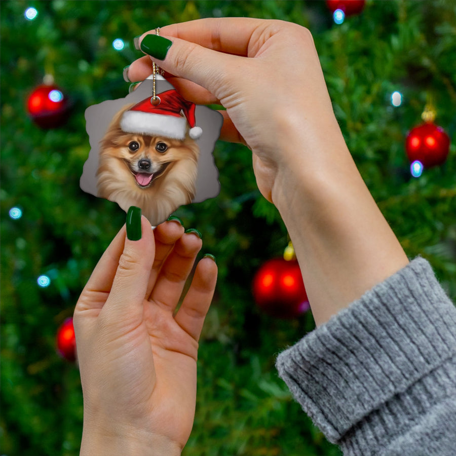 Ceramic Ornament, 4 Shapes-Pomeranian Puppy in Santa Hat Ornaments!