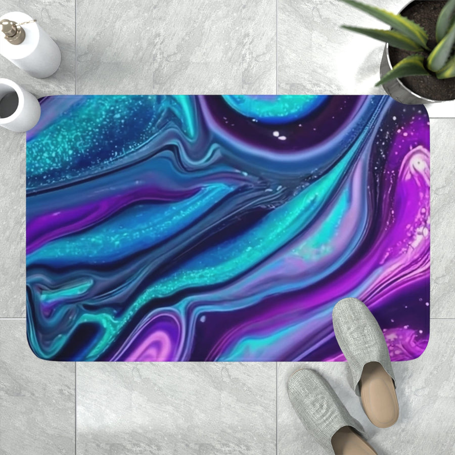 Memory Foam Bath Mat-Blue Teal, Purple, and Silver