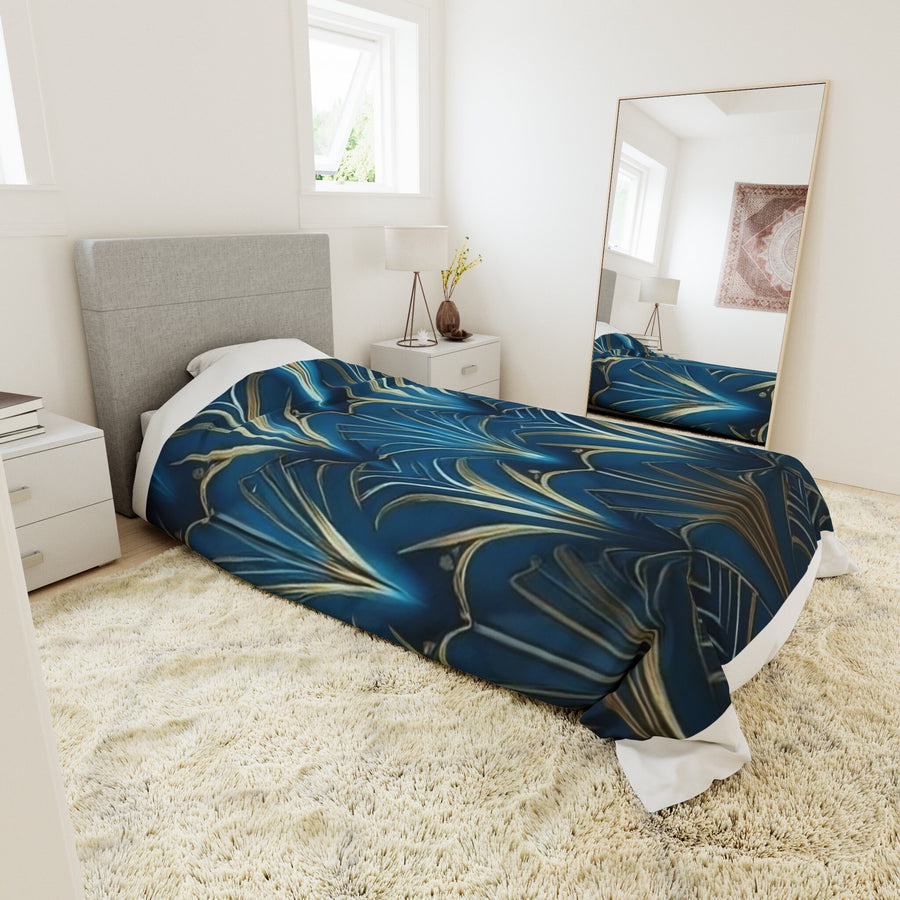 Duvet Cover-Blue & Gold Abstract Flower